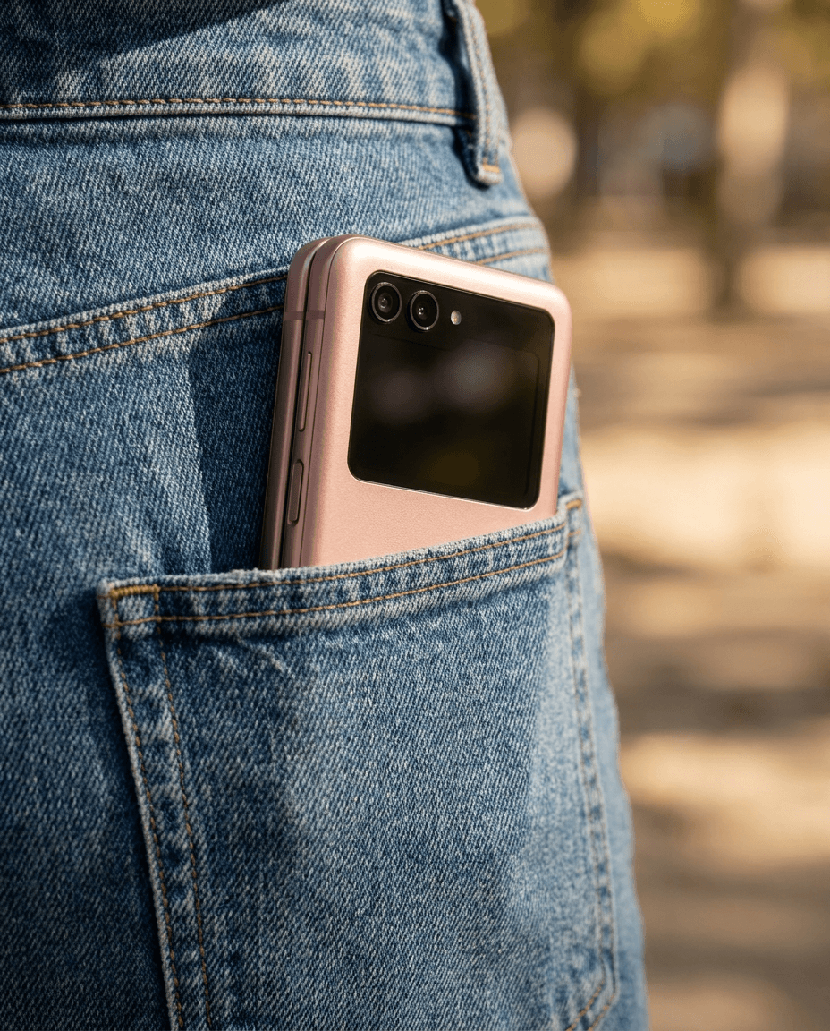 Smart Flip i17 folded, slipped into a jeans back pocket